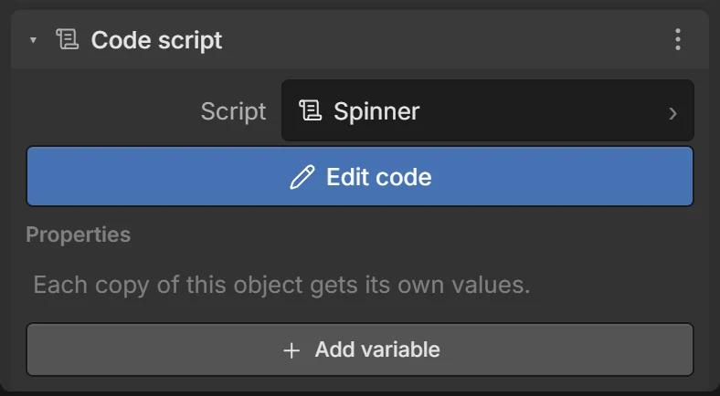 A Code script component on an object