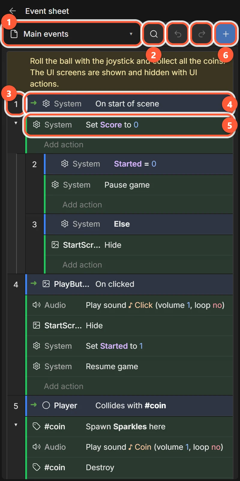 The event sheet editor