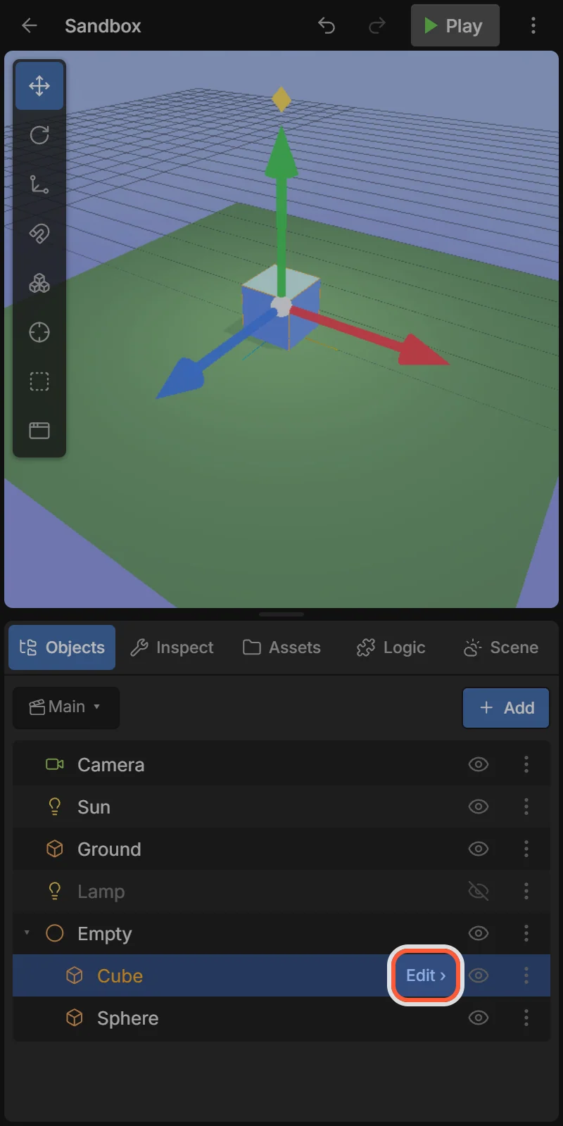 Selected row: tap Edit › to open the Inspector