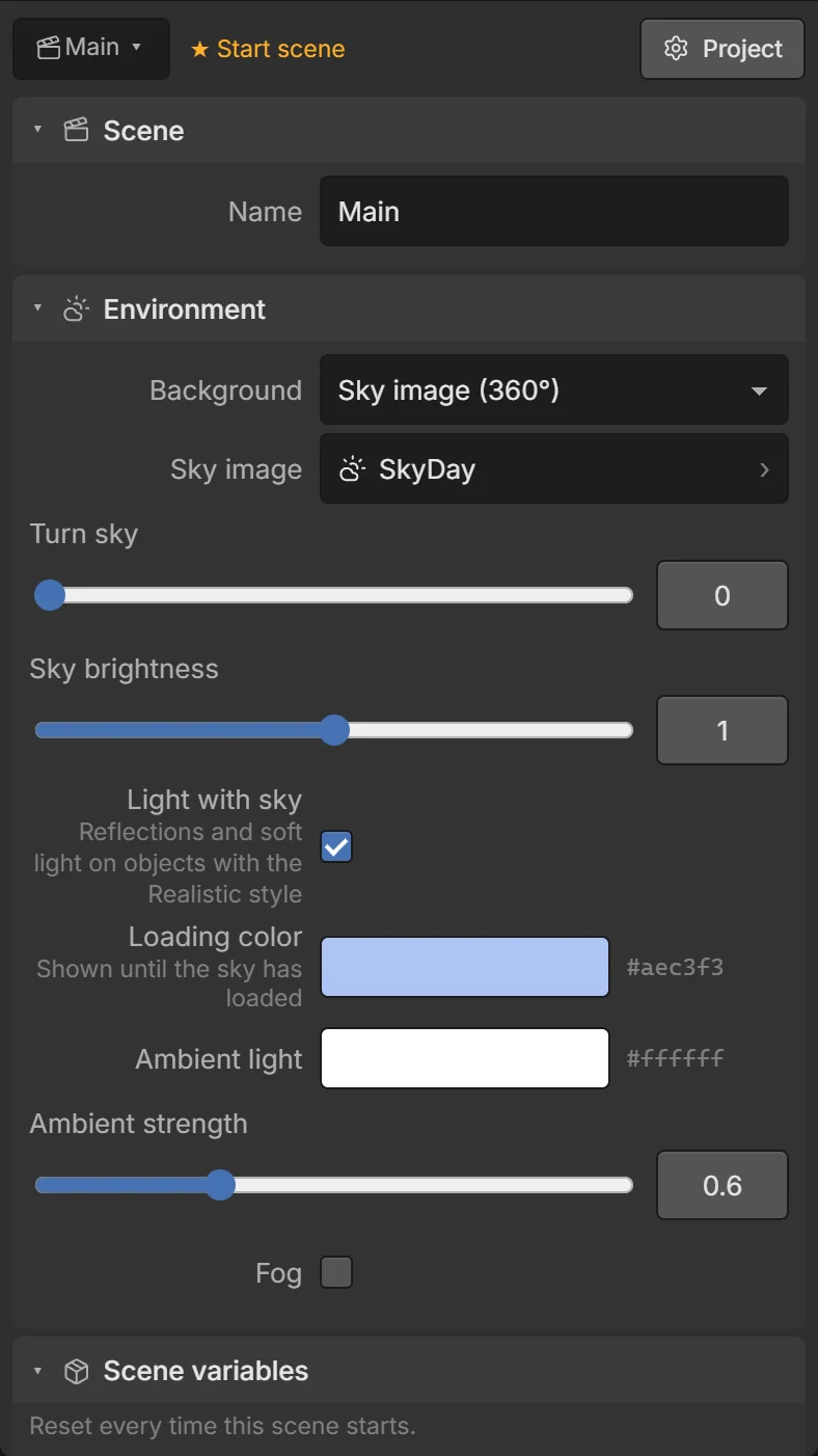 The whole Scene tab (Roll-a-ball template)