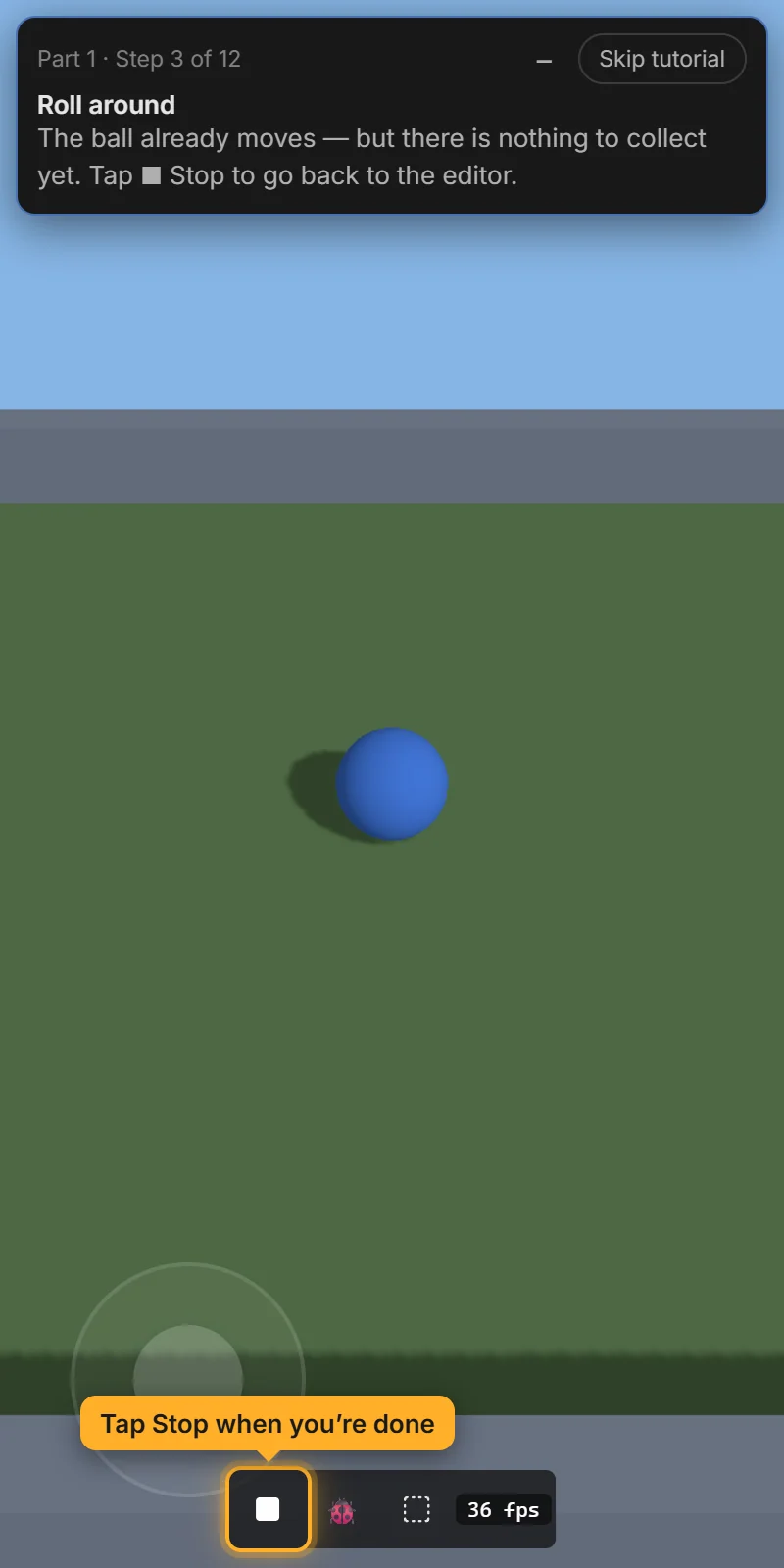 Playing: joystick bottom left, Stop at the bottom