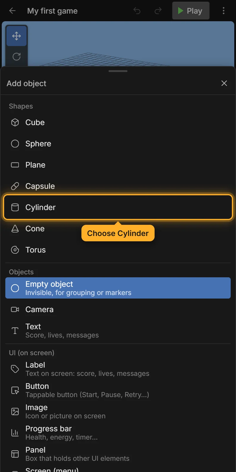 + Add → Cylinder