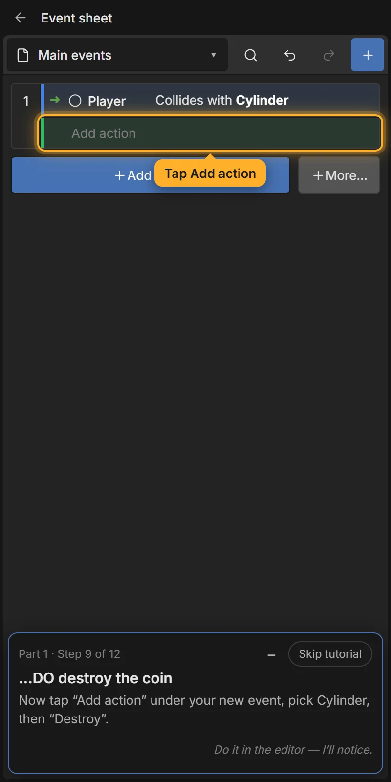 Add action under the event