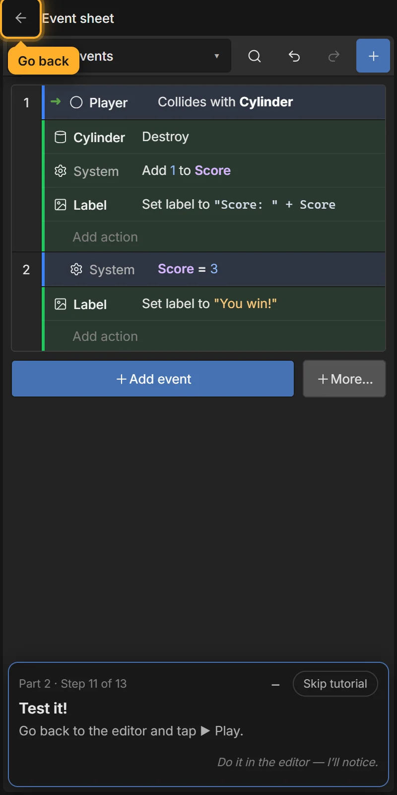 An event sheet